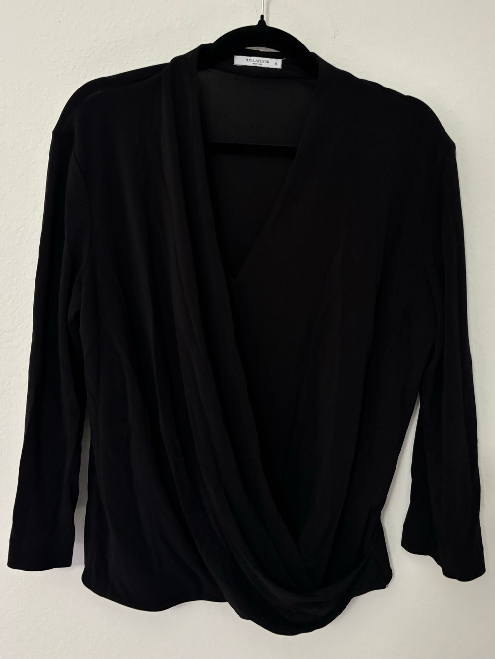 MM.LaFleur Black Faux Wrap Draped V-Neck 3/4 Sleeve Top XL